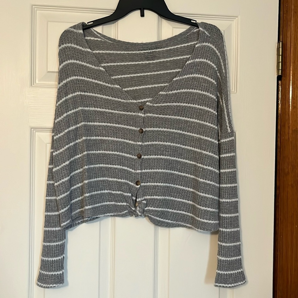 American Eagle Soft and Sexy Striped Long Sleeve Cropped Waffle Shirt